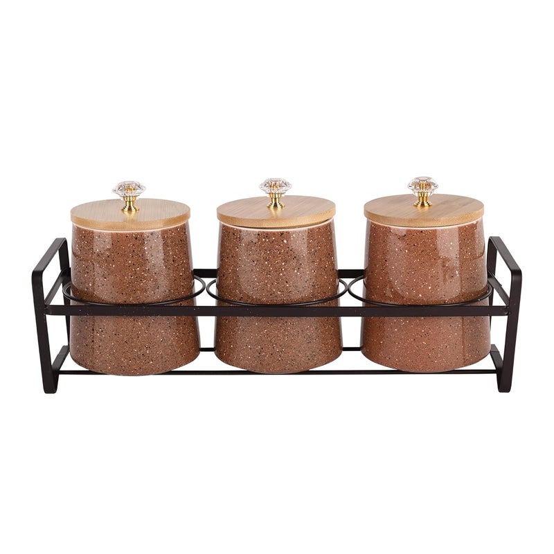 Kuber Industries Kuber Industries Set of 3 (650 ml) Airtight Ceramic Salt Jar Storage Set with Bamboo Wooden Lid or Holder For Kitchen Condiment | Chini Mitti Pots Container for Achar & Sugar | Brown  - Image 5