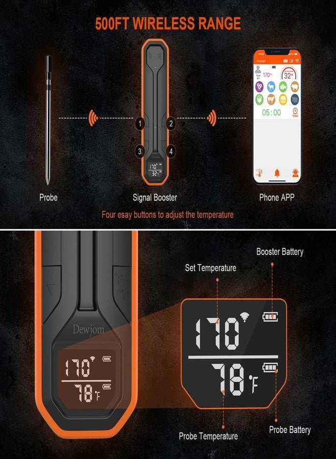 Dewjom Wireless Meat Thermometer - Digital Cooking Thermometer with Wireless Probe - 500Ft Remote Range Food Thermometer - with iOS & Android Read App -Preprogrammed Temperatures for BBQ, Oven, Grill - Image 3