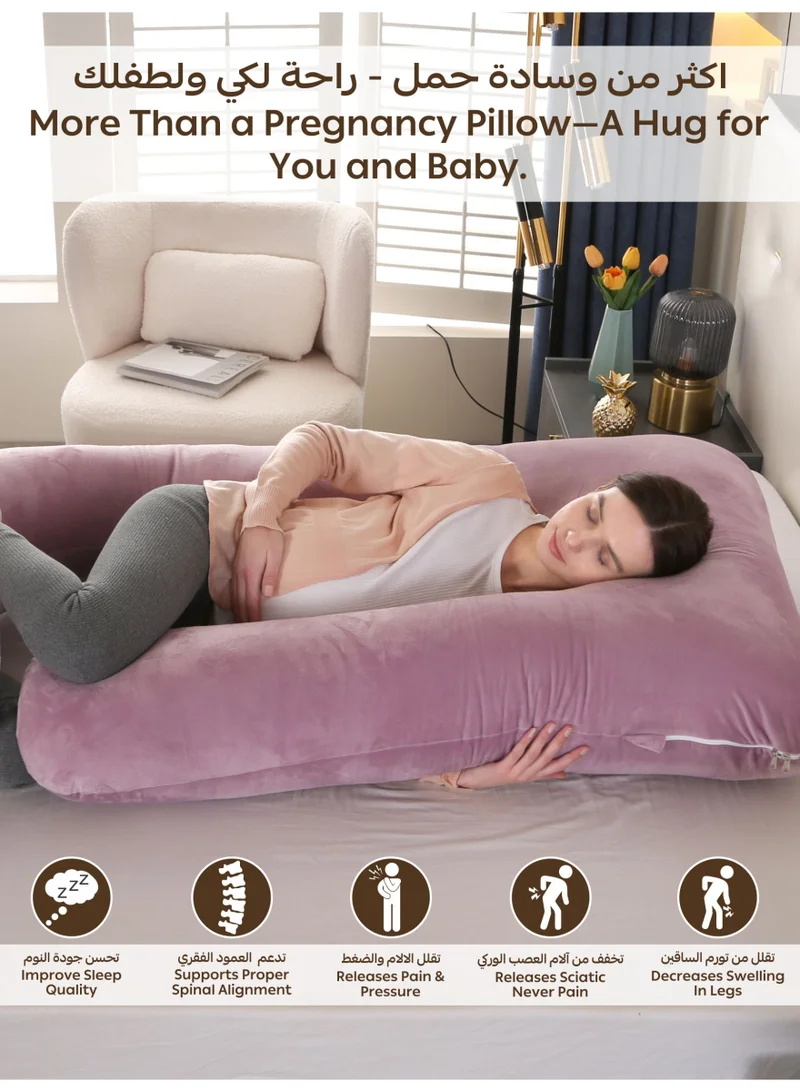 Donetella G-Shape Pregnancy Pillow – 180 cm Full Body Maternity Support Pillow with Removable Washable Velvet Cover – Support for Back, Legs, Belly & Hips – Blush