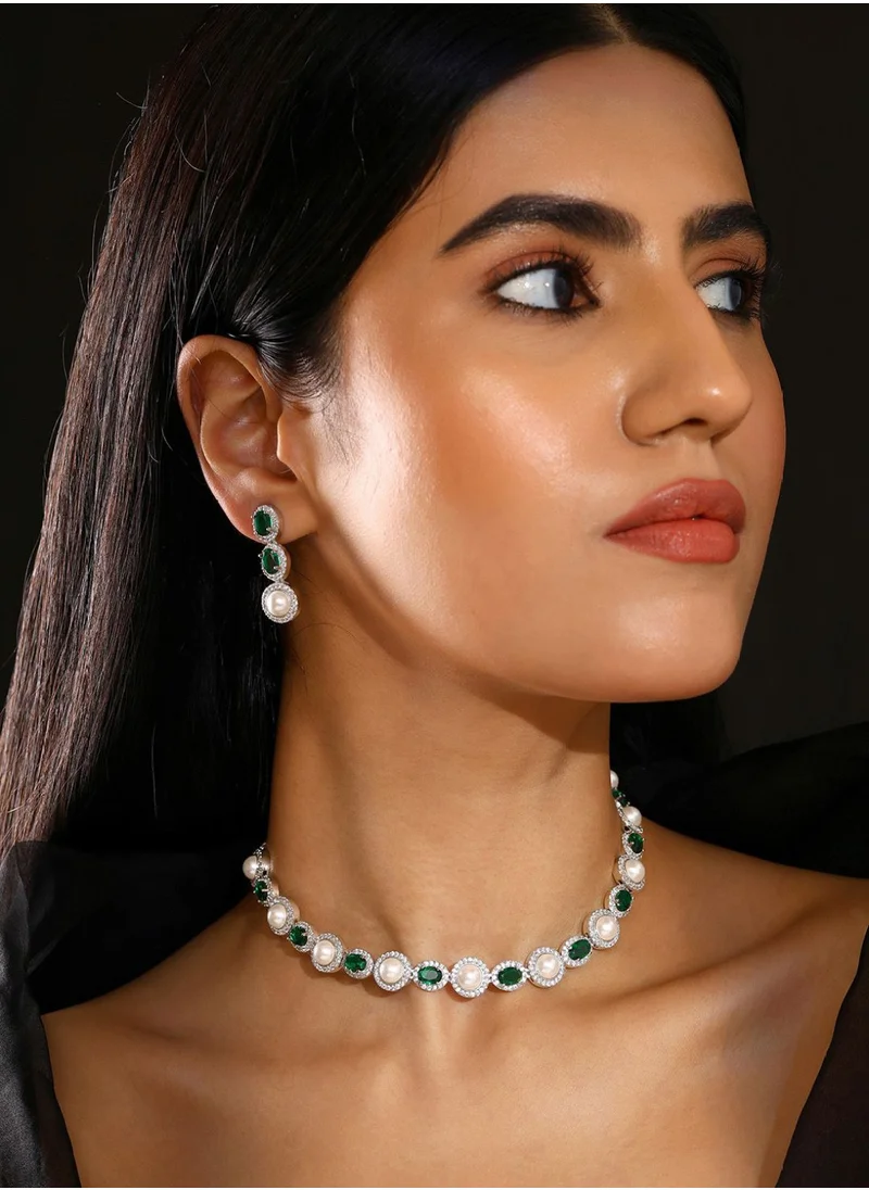 Priyaasi Sliver-Plated Pearl Emerald American Diamond-Studded Necklace Jewellery Set