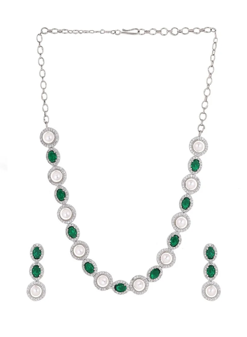 Priyaasi Sliver-Plated Pearl Emerald -Studded Necklace Jewellery Set