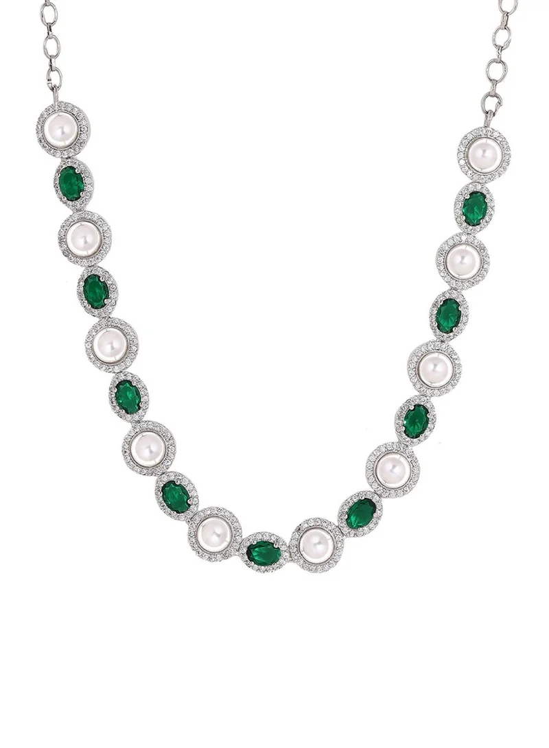 Priyaasi Sliver-Plated Pearl Emerald -Studded Necklace Jewellery Set