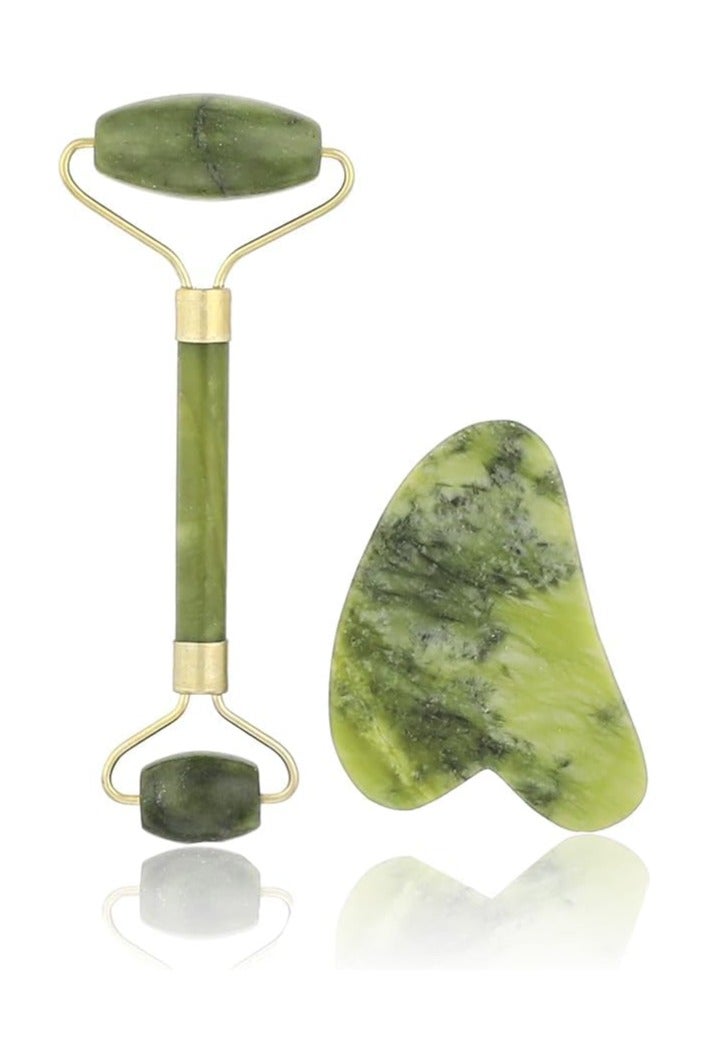 بكرة تدليك الوجه من حجر اليشم وأداة جواشا الهيمالايا الطبيعي للوجه والرقبة لعلاج تجاعيد البشرة - أدوات العناية بالبشرة لمكافحة الشيخوخة للوجه والرقبة والعينين من جايد مكونة قطعتين - Image 1