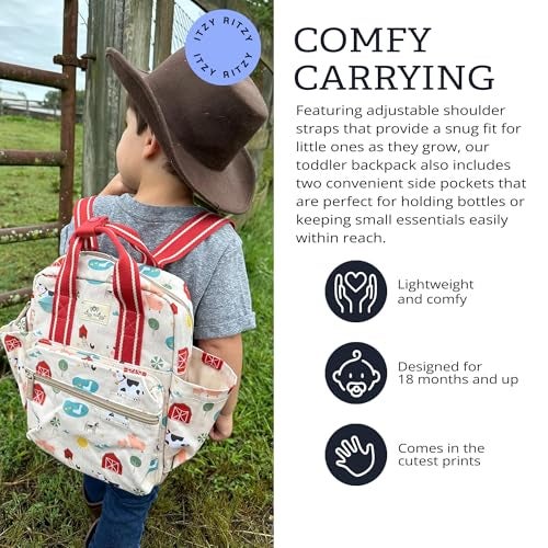 Itzy Ritzy Toddler Backpack - Daycare Bag - Features Adjustable Shoulder Straps, 2 Side Pockets & Spacious Interior with Wipeable Fabric Lining & Name Label, Farm Backpack - Image 4