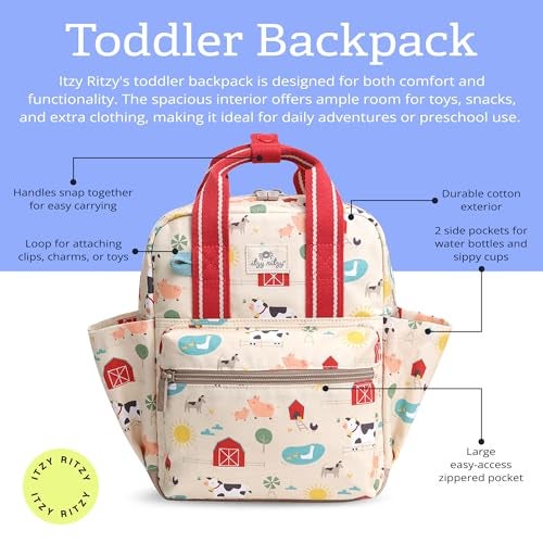 Itzy Ritzy Toddler Backpack - Daycare Bag - Features Adjustable Shoulder Straps, 2 Side Pockets & Spacious Interior with Wipeable Fabric Lining & Name Label, Farm Backpack - Image 2
