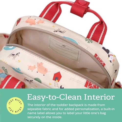 Itzy Ritzy Toddler Backpack - Daycare Bag - Features Adjustable Shoulder Straps, 2 Side Pockets & Spacious Interior with Wipeable Fabric Lining & Name Label, Farm Backpack - Image 5