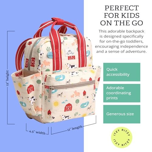 Itzy Ritzy Toddler Backpack - Daycare Bag - Features Adjustable Shoulder Straps, 2 Side Pockets & Spacious Interior with Wipeable Fabric Lining & Name Label, Farm Backpack - Image 3