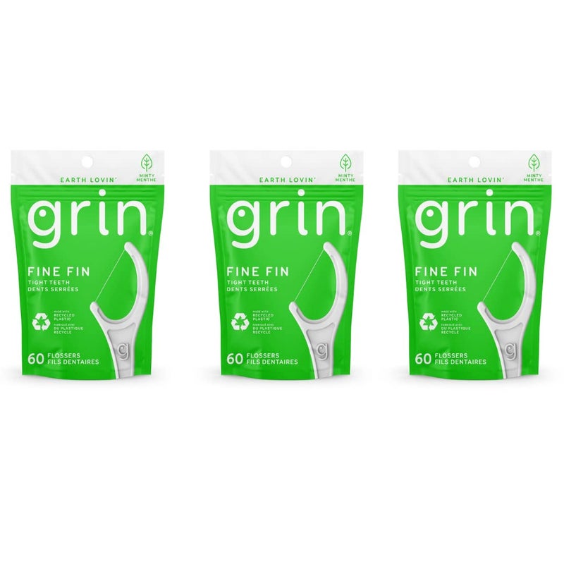 GRIN Dental Floss 3 Packs of 60 Fine Fin Tight Teeth Dents Serres
