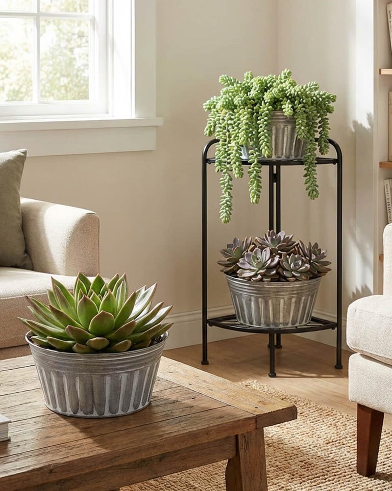 vensovo 8 Inches Silver Metal Rustic Plant Pots - 6Pcs Shallow Galvanized Planters with Drain Hole and Rubber Plug, Rustproof Tin Bucket Succulent Pot Indoor Farmhouse Vintage Style for Decor - Image 4
