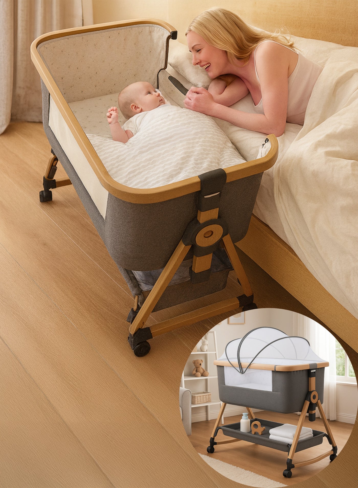 4-in-1 Baby Bassinet Bedside Sleeper with 6 Adjustable Heights, Rocking Cradle Mode, 360° Lockable Wheels, Storage Basket, Washable Mattress, Changing Pad and Mosquito Net – Portable Foldable Co-Sleeper Crib for Newborns & Infants Cot(0–15kg)