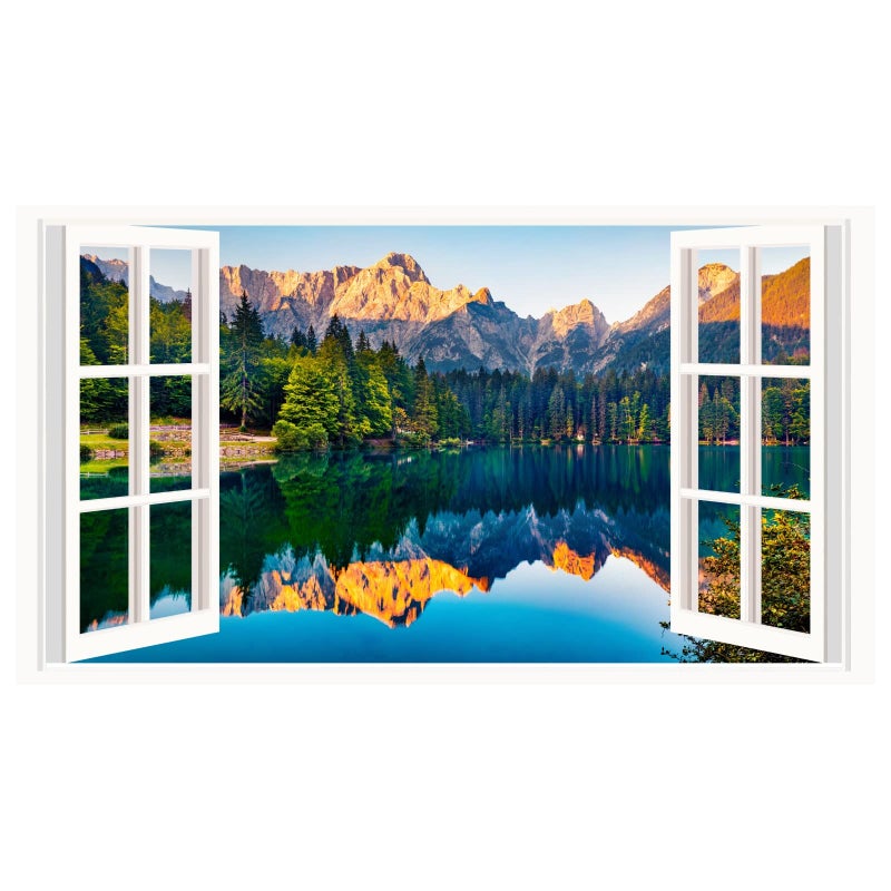 Mountain Lake Wall Stickers 3D Nature Forest Lake Wall Stickers Scenery Landscape Fake Window Wall Mural Peel and Stick Removable Mountain Lake Wall Decals for Living Room Bedroom Decor
