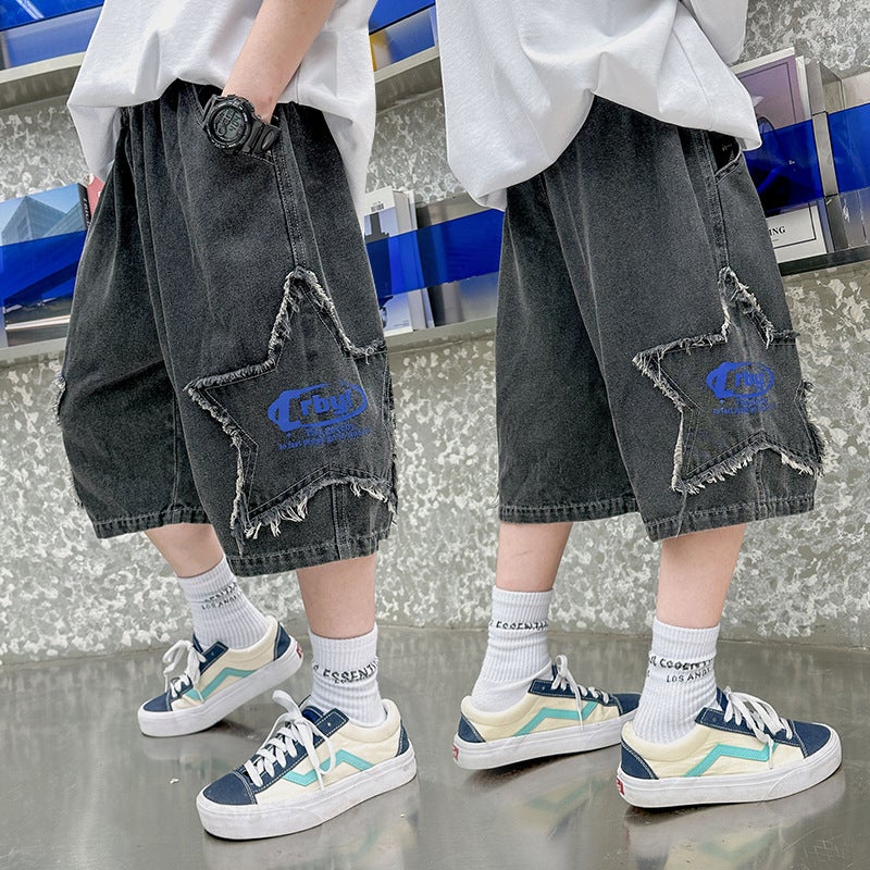 Boys' Denim Shorts Fashionable And Handsome Boys' Fashionable Loose Five-Pointed Star Patch Denim Shorts - Image 5