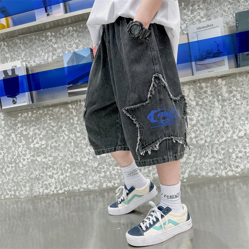 Boys' Denim Shorts Fashionable And Handsome Boys' Fashionable Loose Five-Pointed Star Patch Denim Shorts - Image 1