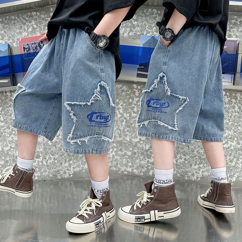 Boys' Denim Shorts Fashionable And Handsome Boys' Fashionable Loose Five-Pointed Star Patch Denim Shorts - Image 4