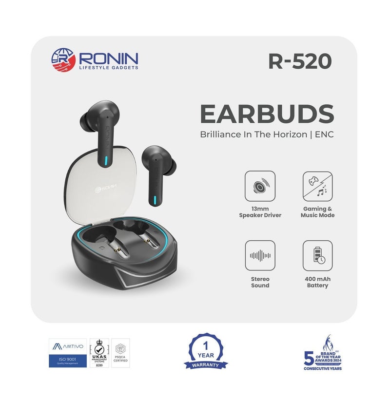 رونين داينستي R-520 سماعات لاسلكية - خاصية ENC رباعية الميكروفون - مشغّل 13mm - بلوتوث 5.3 - وضع الألعاب 50ms - بطارية 7 ساعات - مقاومة للماء IPX4 - تحكم باللمس - شحن Type-C - أسود - Image 5