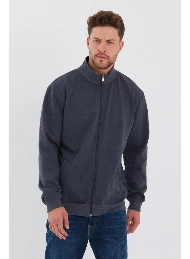 Men's Anthracite Zip-Up Cardigan with Side Pockets and Cotton Lining