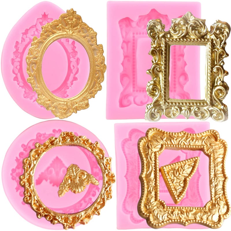 Mujiang Photo Frame Fondant Molds Picture Frames Silicone Mold Vintage Frame Molds For Cake Decorating Cupcake Topper Chocolate Candy Polymer Clay Set Of 4 - Image 1