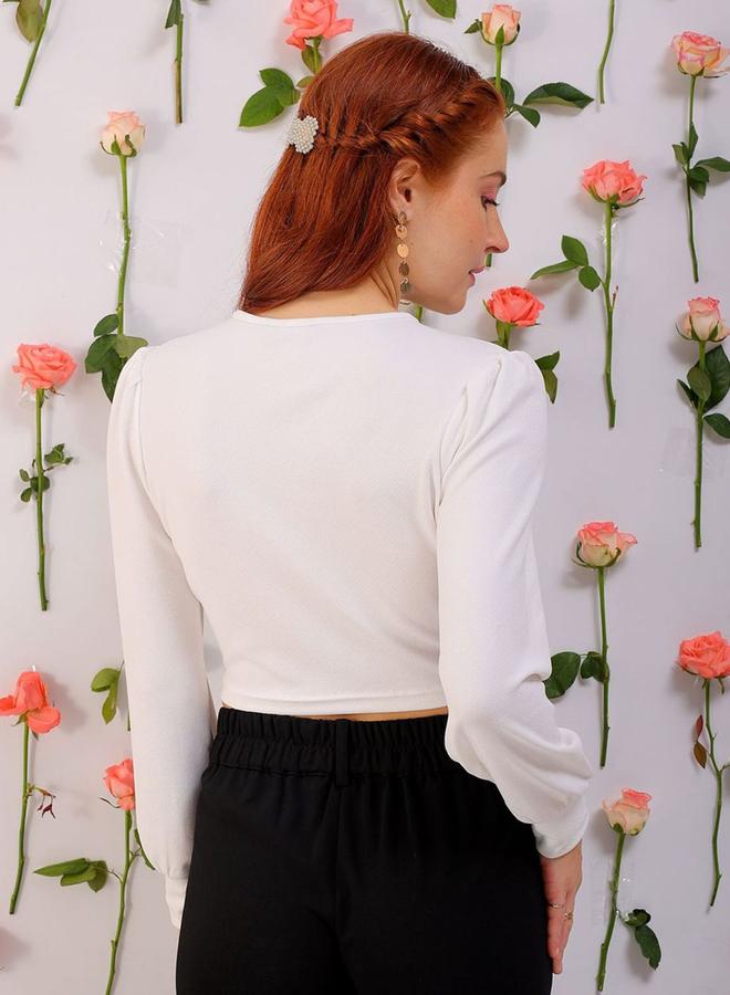 Freehand Women White Fitted Crop Top with V Neck - Image 4