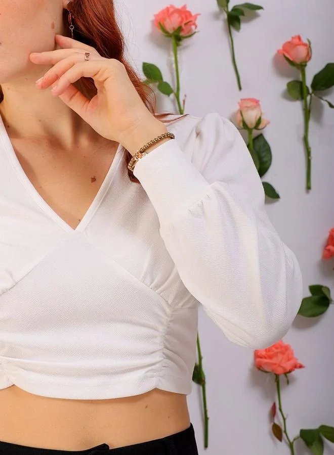 Freehand Freehand Women White Fitted Crop Top with V Neck