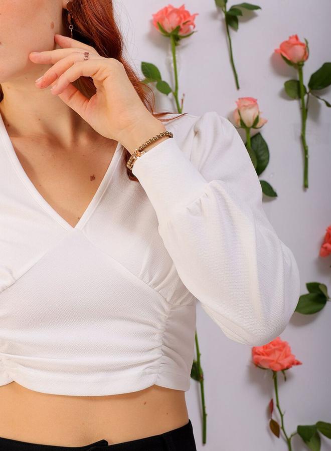 Freehand Women White Fitted Crop Top with V Neck - Image 2