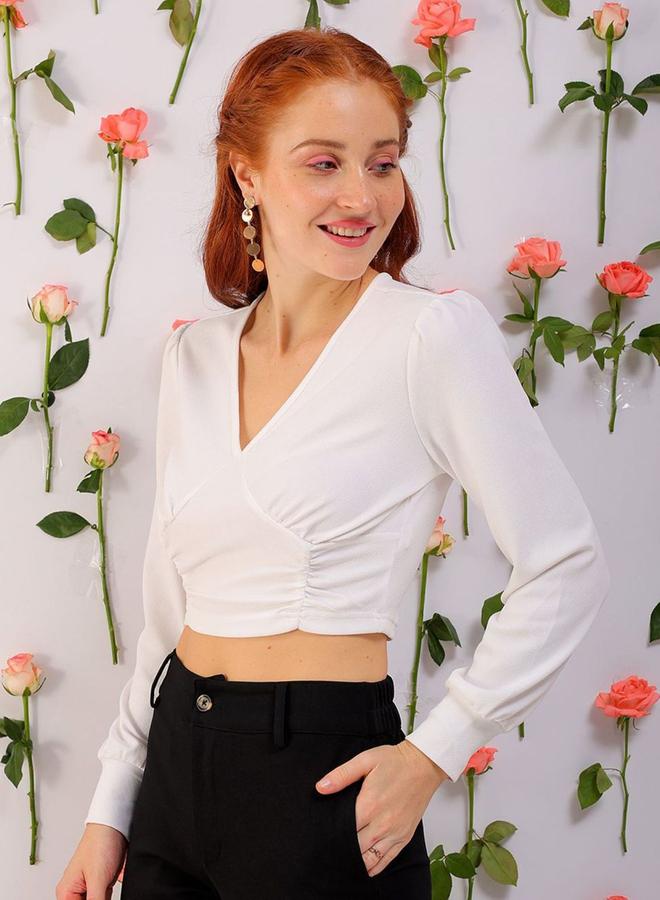 Freehand Women White Fitted Crop Top with V Neck - Image 5