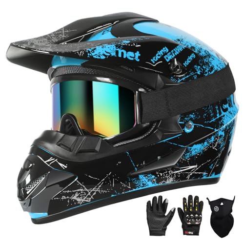 SPARK Dirt Bike Helmets Kids Motorcycle Helmet Youth ATV Motocross Full Face Men Women Off-Road Mountain Bike Helmet Adult with(Gloves Goggles Mask) DOT Approved 4Pcs Set (Blue, Large) - Image 1