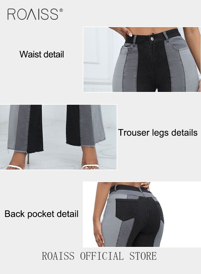 roaiss Plus Size Women Denim Pants Patchwork Fabric Wide Leg Flared Trousers Leg Flattering Design Fashionable and Versatile Suitable for School and Commuting - Image 5