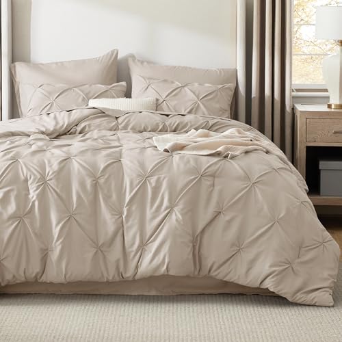 Bedsure Bedsure King Size Comforter Set Beige  Bed in a Bag King Size 7 Pieces GentleSoft Pintuck Bed Set Gift for Family Pinch Pleat Beige Comforter with Sheets Pillowcases  Shams 
