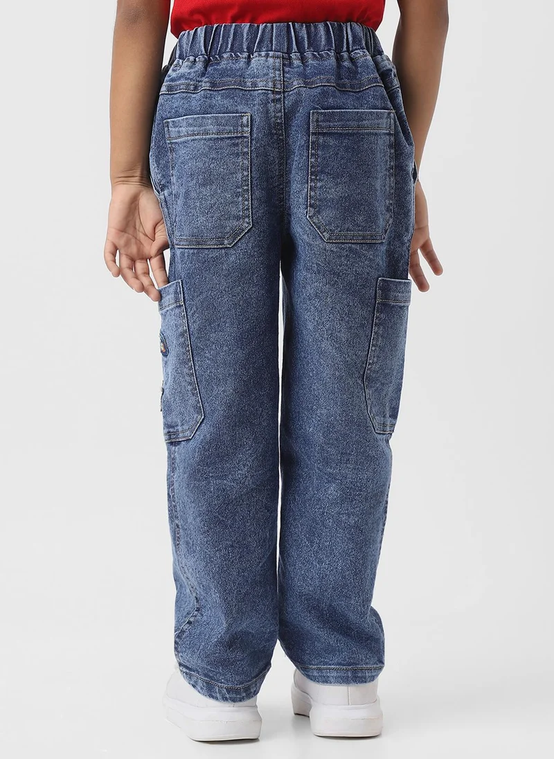 Nautinati Nautinati Boys Cotton Denim Ankle Length Cargo Jeans with Embroidery Details