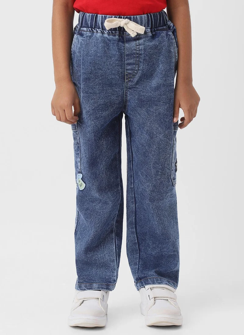 نوتيناتي Nautinati Boys Cotton Denim Ankle Length Cargo Jeans with Embroidery Details