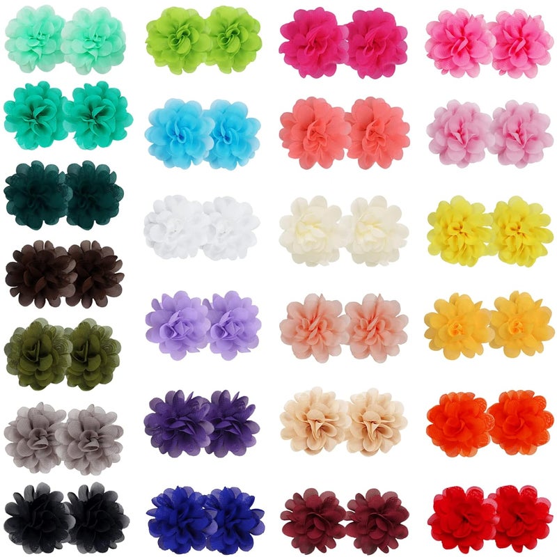 WillingTee 50pcs 2 Chiffon Flower Hair Bows Tiny Clips for Girls Fully Lined Non Slip Baby Clips Hair Accessories for Baby Girls Newborns Infants Toddlers 25 Colors in Pairs - Image 2