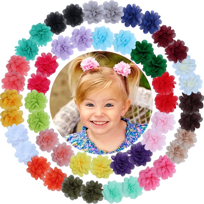 WillingTee 50pcs 2 Chiffon Flower Hair Bows Tiny Clips for Girls Fully Lined Non Slip Baby Clips Hair Accessories for Baby Girls Newborns Infants Toddlers 25 Colors in Pairs - Image 1