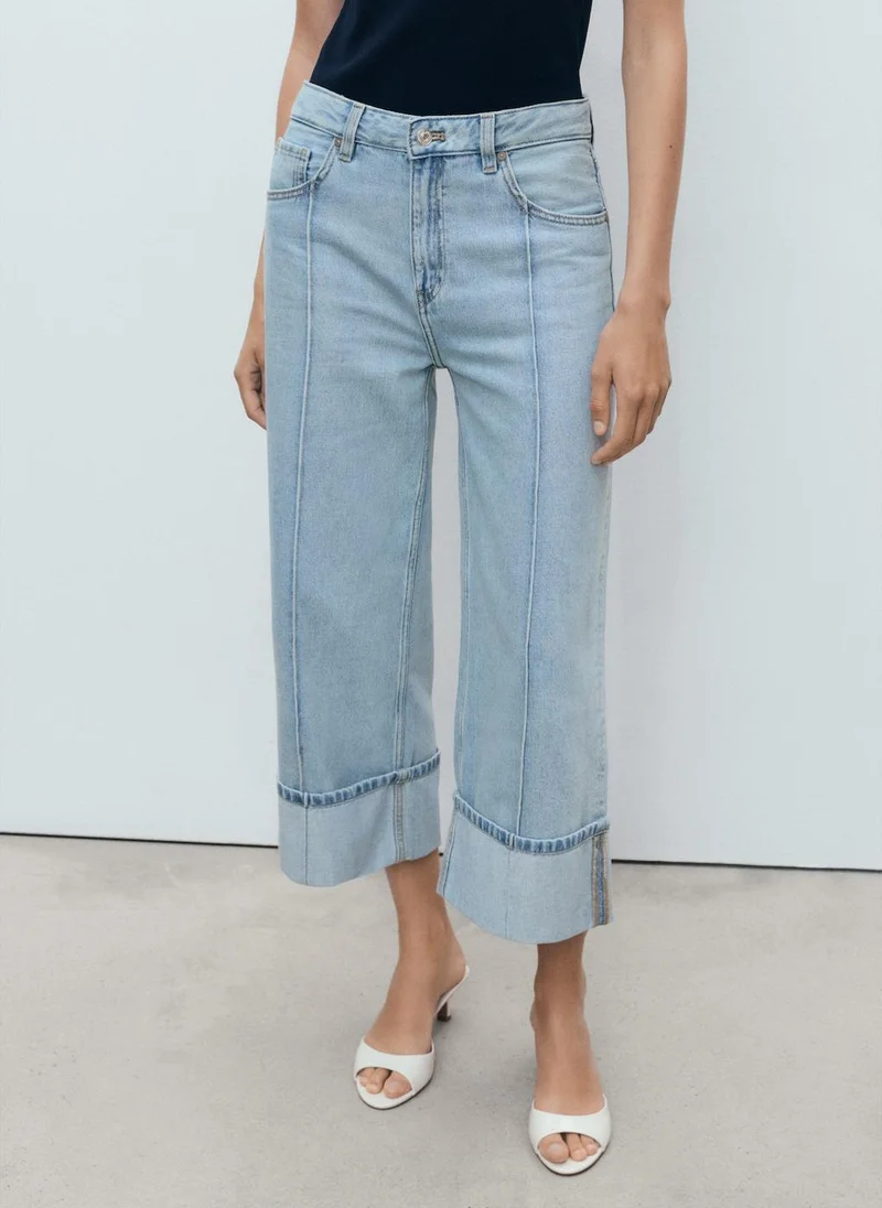 MANGO Wide-Leg Cropped Jeans With Turned-Up Hem