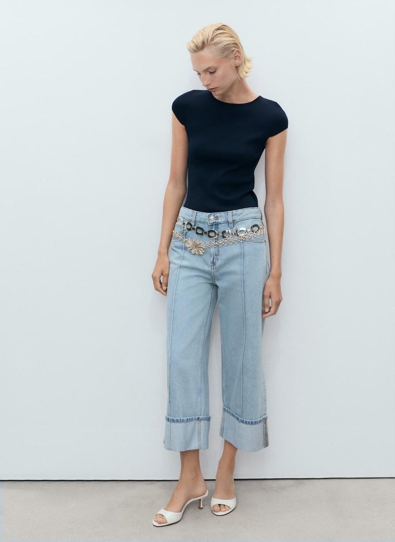 MANGO Wide-Leg Cropped Jeans With Turned-Up Hem  - Image 4