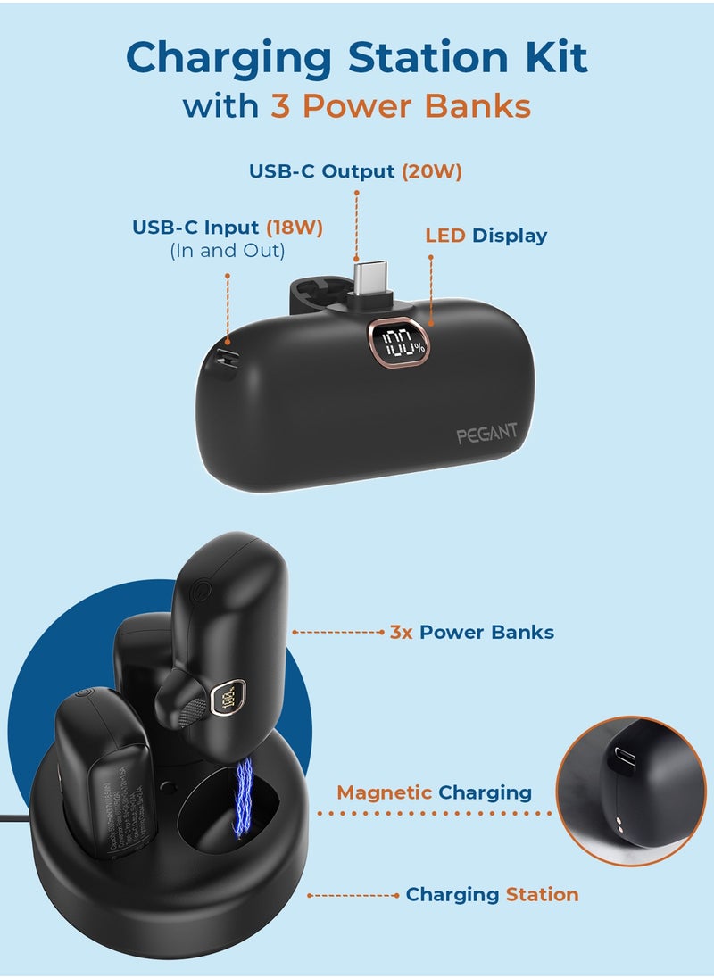 PEGANT Power Bank 5000mAh, 3 Compact Powerbanks with Charging Station, USB C Fast Charging Travel Charger Kit, Portable External Backup Battery, 20W PD3.0 18W QC3.0  - Image 2