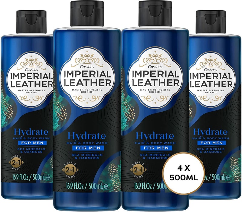 Imperial Leather Hydrate Men Shower Gel 2in1 Hair and Body Wash Sea Minerals and Oakmoss Vegan and Cruelty Free Shower Gel Bulk Buy Pack of 4 x 500 ml