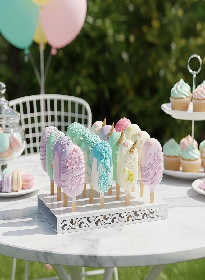 WOPARTY Metal Cakesicle Display Stand with Vine Pattern, 16 Holes, 10.24 x 7.09 x 1.06 Inch, Pre-Assembled Party and Wedding Dessert Holder (White) - Image 5