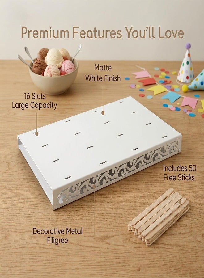 WOPARTY Metal Cakesicle Display Stand with Vine Pattern, 16 Holes, 10.24 x 7.09 x 1.06 Inch, Pre-Assembled Party and Wedding Dessert Holder (White) - Image 4