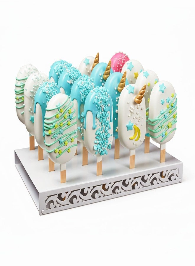 WOPARTY Metal Cakesicle Display Stand with Vine Pattern, 16 Holes, 10.24 x 7.09 x 1.06 Inch, Pre-Assembled Party and Wedding Dessert Holder (White) - Image 1