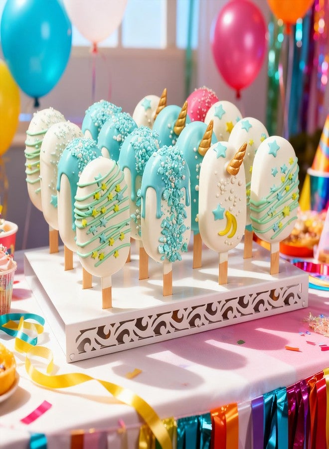 WOPARTY Metal Cakesicle Display Stand with Vine Pattern, 16 Holes, 10.24 x 7.09 x 1.06 Inch, Pre-Assembled Party and Wedding Dessert Holder (White) - Image 3