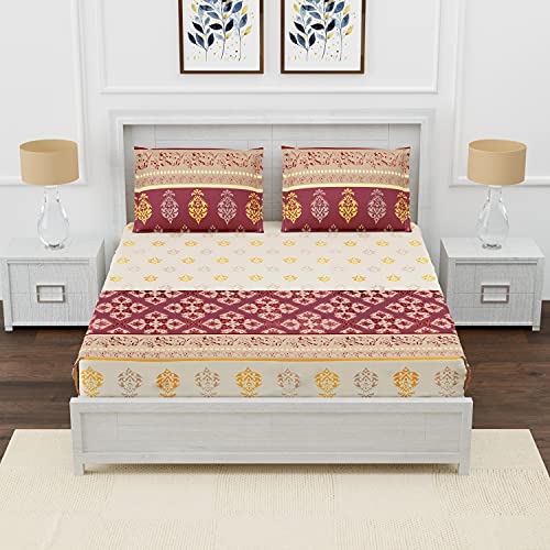 DAKSH 180TC Fitted 100% Cotton Premium Printed Small Queen Size BedSheet, Multicolor (60x72 Inches) with 2 Pillow Covers - Image 1