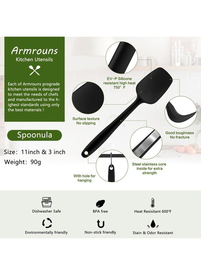 Armrouns Silicone Spatula Spoon, 11.2" Heat Resistan Rubber Spoonula, Black Non-Stick Spootula with Seamless, Flexible Scrapers for Baking Mixing Serving, Stirring. (Large 11.2) - Image 2