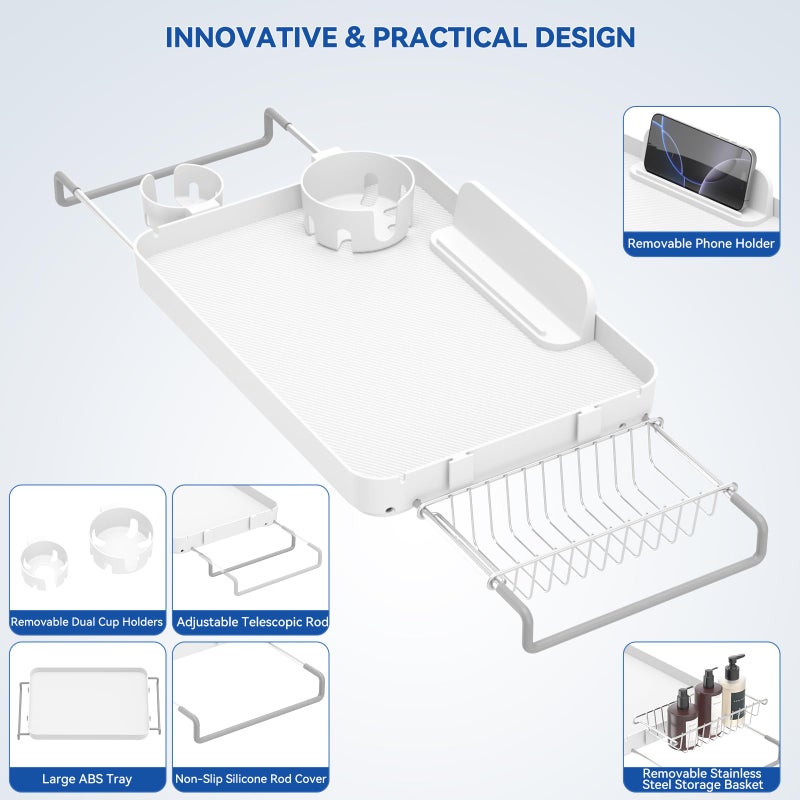 CLESOO Bathtub Tray for Large Soaking Tub Table Tray Expandable Tub Shelf for Bathtub Caddy Bath Shelf Over Tub Luxury Bath Board Book Holder with Removable 2 Cup Holder Phone Metal Shower Caddy Basket White - Image 5