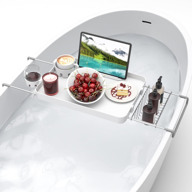 CLESOO Bathtub Tray for Large Soaking Tub Table Tray Expandable Tub Shelf for Bathtub Caddy Bath Shelf Over Tub Luxury Bath Board Book Holder with Removable 2 Cup Holder Phone Metal Shower Caddy Basket White - Image 1