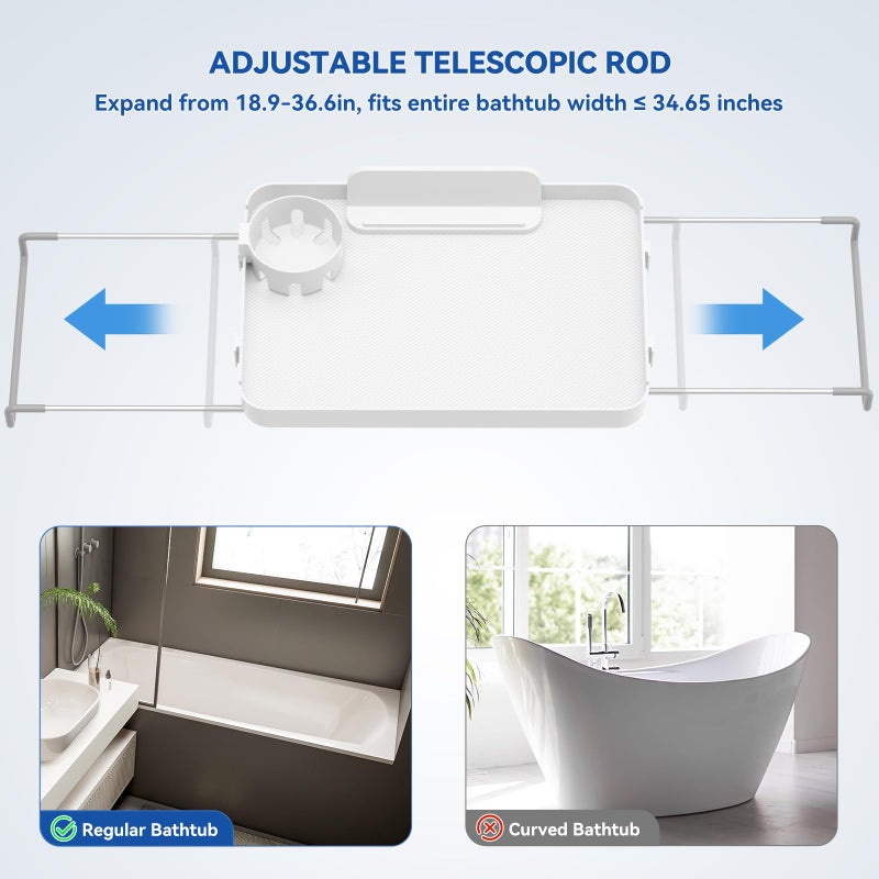 CLESOO Bathtub Tray for Large Soaking Tub Table Tray Expandable Tub Shelf for Bathtub Caddy Bath Shelf Over Tub Luxury Bath Board Book Holder with Removable 2 Cup Holder Phone Metal Shower Caddy Basket White - Image 4