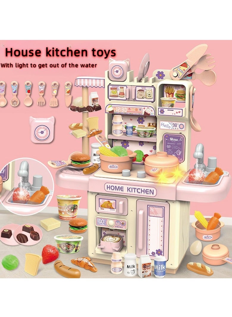 34 Pcs Kitchen Pretend Play Toy Set, Role Play Cookware Indoor DIY Toy Games, Kitchen Accessories Toys Sets With Spray And Light for Boys, Girls, Kids, Children, Pink - Image 1