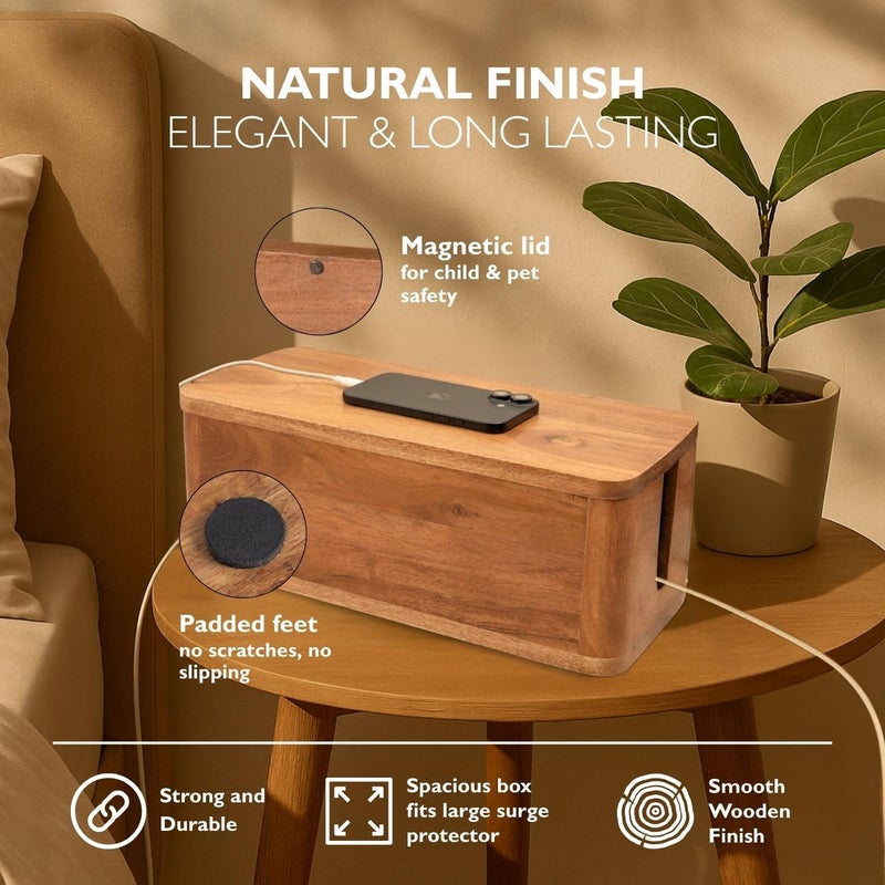 Luxe Designs Large Cable Management Box - Acacia Wood - Cable Organizer Box and Power Strip Box for Electrical Cord Management - Hide Desk Cord and Floor Cables - Wire Storage and Organization for Cords - Image 3
