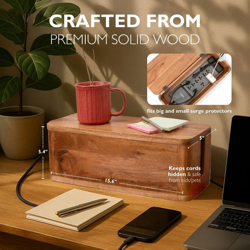 Luxe Designs Large Cable Management Box - Acacia Wood - Cable Organizer Box and Power Strip Box for Electrical Cord Management - Hide Desk Cord and Floor Cables - Wire Storage and Organization for Cords - Image 2