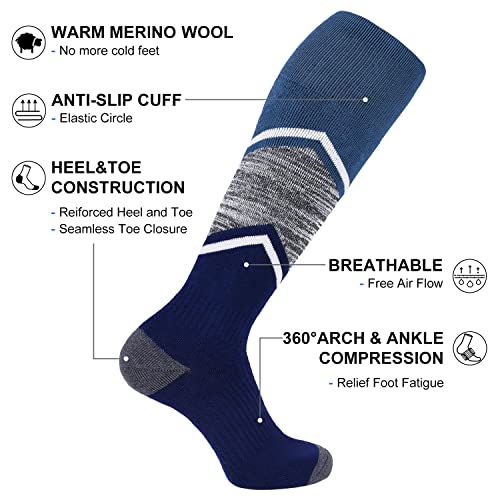 FITRELL 2 Pack Men's and Women's Ski Socks Full Cushioned Winter Merino Wool Thermal Knee High Warm Socks for Skiing Snowboarding, Blue, Large, Shoe Size 9-12 - Image 4