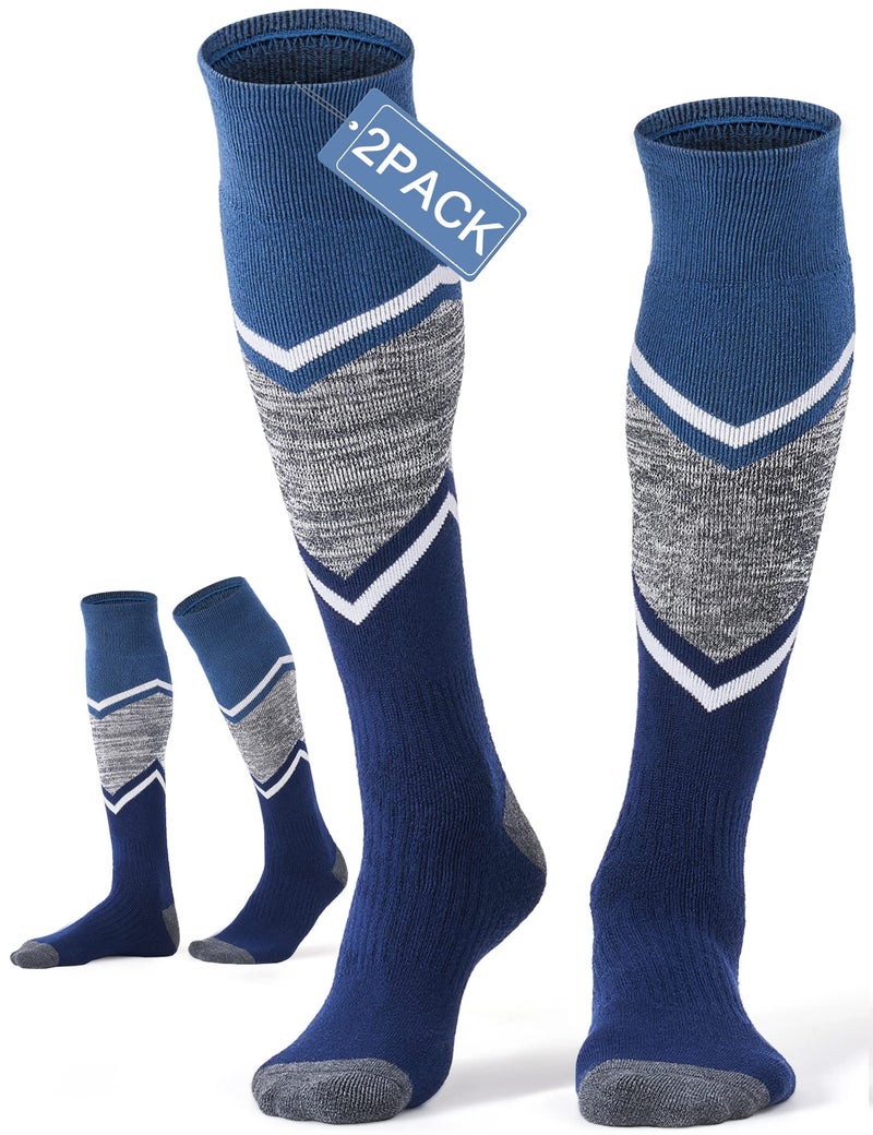 FITRELL 2 Pack Men's and Women's Ski Socks Full Cushioned Winter Merino Wool Thermal Knee High Warm Socks for Skiing Snowboarding, Blue, Large, Shoe Size 9-12 - Image 1